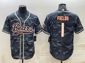 Chicago Bears Blank #1 Justin Fields Gray Camo With Patch Baseball Jersey