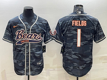 Chicago Bears Blank #1 Justin Fields Gray Camo With Patch Baseball Jersey