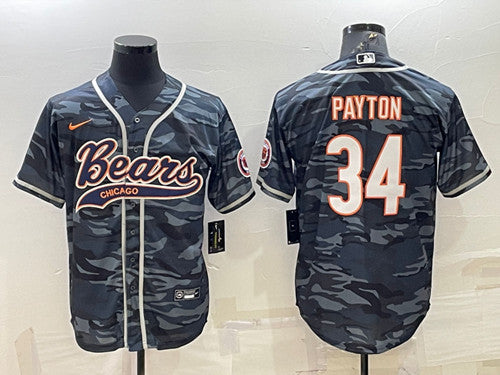 Chicago Bears Blank #34 Walter Payton Gray Camo With Patch Baseball Jersey 001