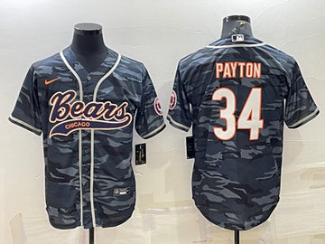 Chicago Bears Blank #34 Walter Payton Gray Camo With Patch Baseball Jersey 001