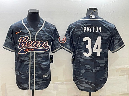 Chicago Bears Blank #34 Walter Payton Gray Camo With Patch Baseball Jersey