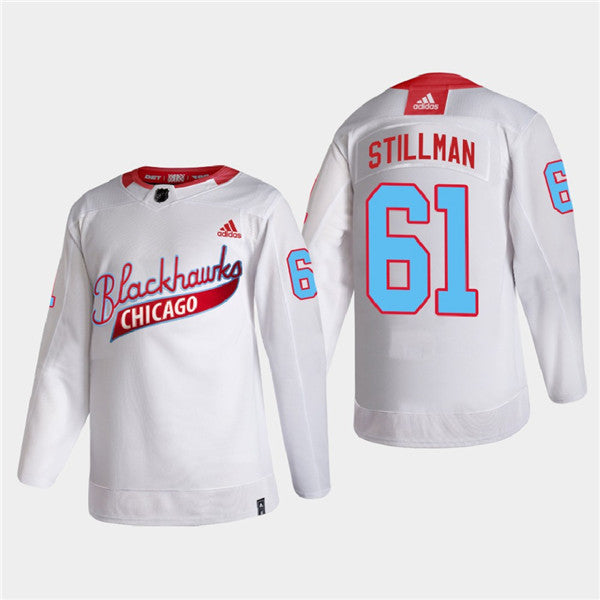 Riley Stillman Chicago Blackhawks white jersey