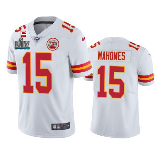 Chiefs #15 Patrick Mahomes Super Bowl LIV White C Patch 100th Jersey