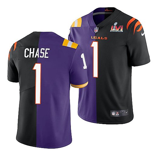 Cincinnati Bengals #1 Ja'Marr Chase 2022 Purple-Black Split Super Bowl LVI Jersey