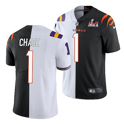 Cincinnati Bengals #1 Ja'Marr Chase 2022 White-Black Split Super Bowl LVI Jersey