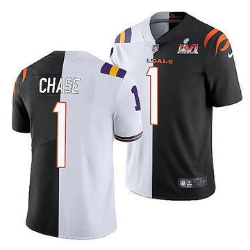Cincinnati Bengals #1 Ja'Marr Chase 2022 White-Black Split Super Bowl LVI Jersey