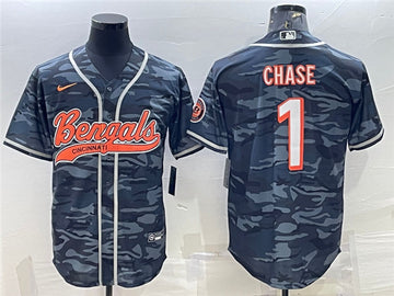 Cincinnati Bengals #1 Ja'Marr Chase Gray Camo With Patch Baseball Jersey