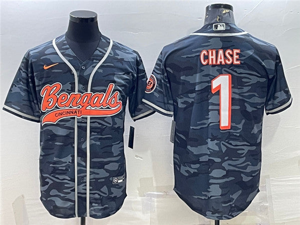 Cincinnati Bengals #1 Ja'Marr Chase Gray Camo With Patch Baseball Jersey