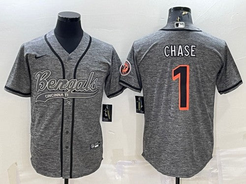 Cincinnati Bengals #1 Ja'Marr Chase Gray With Patch Baseball Jersey