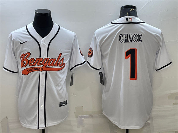 Cincinnati Bengals #1 Ja'Marr Chase White With Patch Baseball Jersey