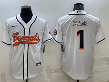 Cincinnati Bengals #1 Ja'Marr Chase White With Patch Baseball Jersey