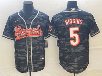 Cincinnati Bengals #5 Tee Higgins Gray Camo With Patch Baseball Jersey