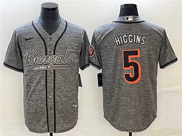 Cincinnati Bengals #5 Tee Higgins Gray With Patch Baseball Jersey