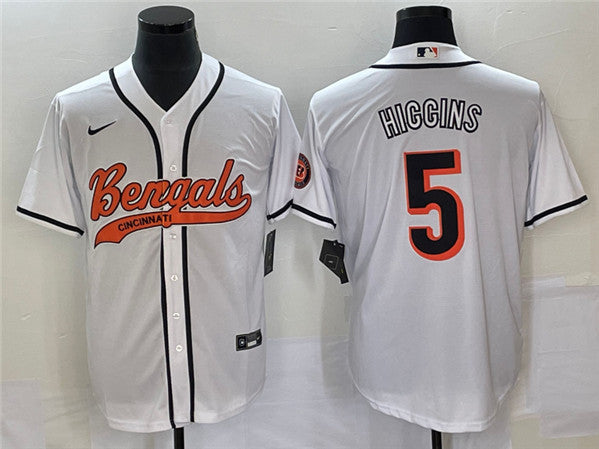 Cincinnati Bengals #5 Tee Higgins White With Patch Baseball Jersey