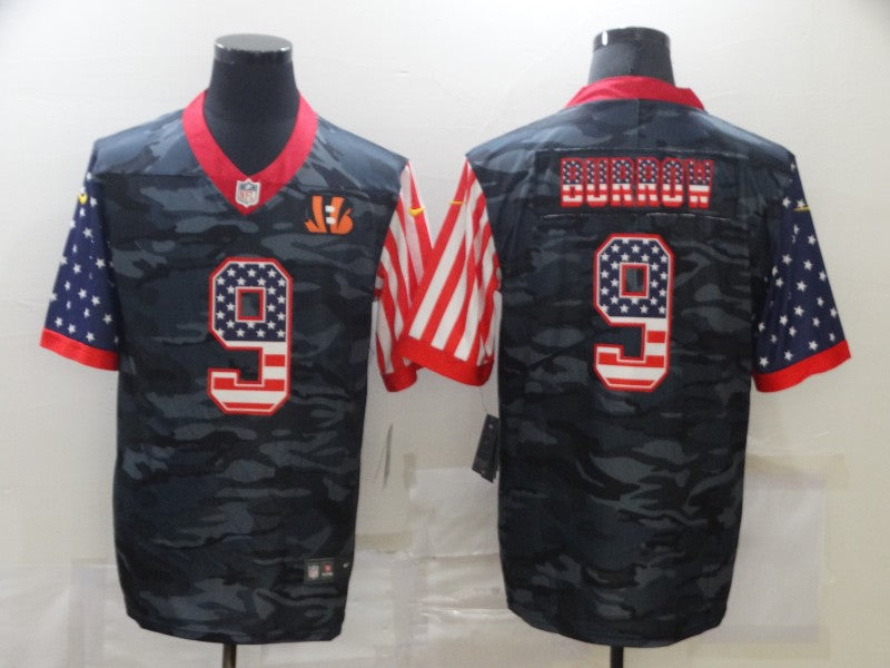 Cincinnati Bengals #9 Joe Burrow 2020 Camo USA Flag Jersey