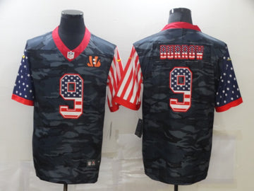 Cincinnati Bengals #9 Joe Burrow 2020 Camo USA Flag Jersey