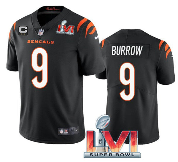Cincinnati Bengals #9 Joe Burrow 2022 Black With C Patch Super Bowl LVI Jersey