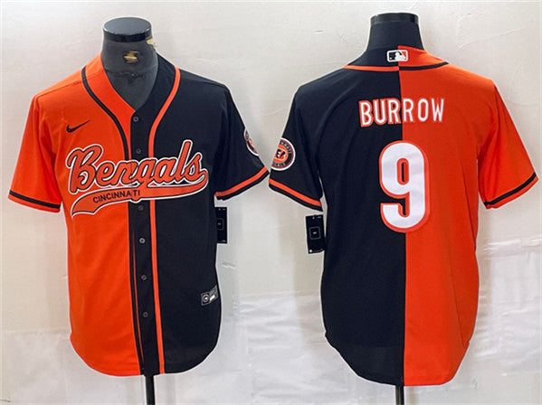 Cincinnati Bengals #9 Joe Burrow Black-Orange Split With Patch Jersey