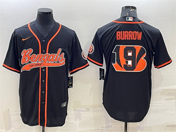 Cincinnati Bengals #9 Joe Burrow Black Team Big Logo With Patch Baseball Jersey
