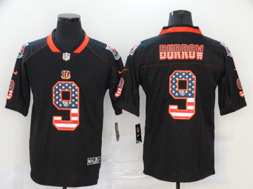 Cincinnati Bengals #9 Joe Burrow Black USA Flag Fashion Jersey