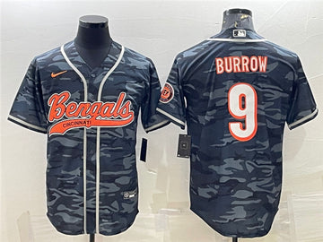 Cincinnati Bengals #9 Joe Burrow Gray Camo With Patch Baseball Jersey