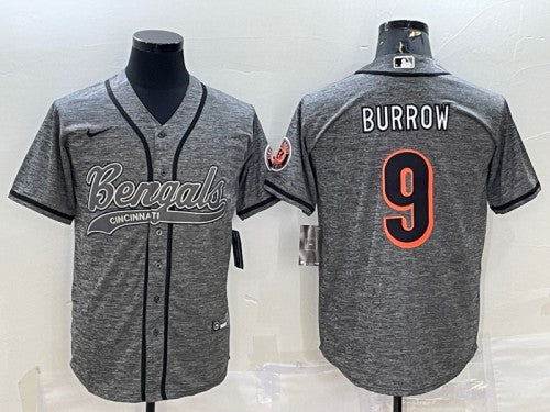 Cincinnati Bengals #9 Joe Burrow Gray With Patch Baseball Jersey