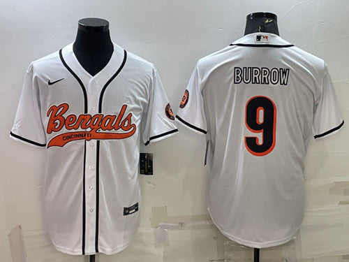 Cincinnati Bengals #9 Joe Burrow White With Patch Baseball Jersey