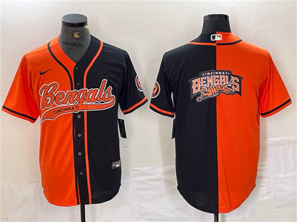 Cincinnati Bengals Team Big Logo Black-Orange Split With Patch Baseball Jersey