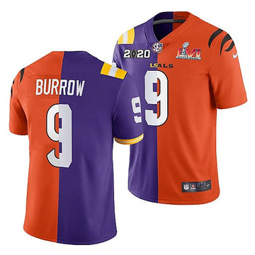 Cincinnati Bengals X LSU Tigers #9 Joe Burrow 2022 Purple-Orange Split Super Bowl LVI Jersey