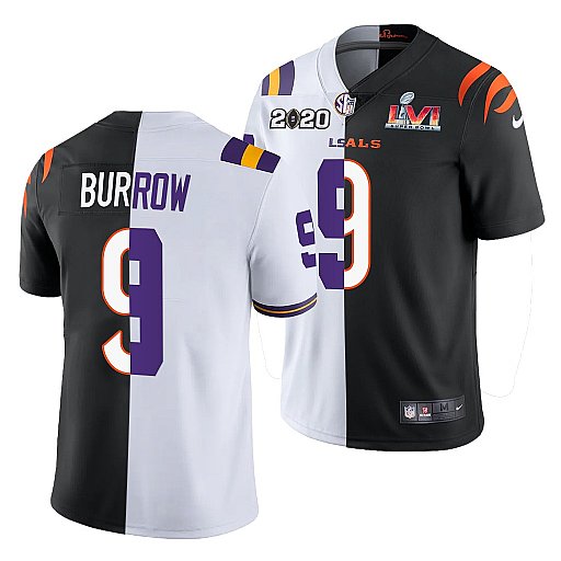 Cincinnati Bengals X LSU Tigers #9 Joe Burrow 2022 White-Black Split Super Bowl LVI Jersey