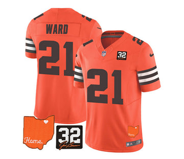 Cleveland Browns #21 Denzel Ward Orange 2023 FUSE With Jim Brown Memorial Patch Jersey