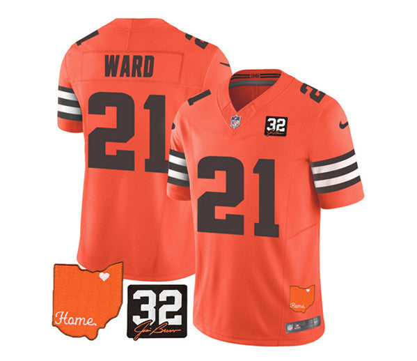Cleveland Browns #21 Denzel Ward Orange 2023 FUSE With Jim Brown Memorial Patch Jersey
