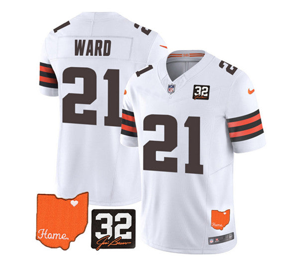 Cleveland Browns #21 Denzel Ward White 2023 FUSE With Jim Brown Memorial Patch Jersey
