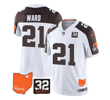 Cleveland Browns #21 Denzel Ward White-Brown 2023 FUSE With Jim Brown Memorial Patch Jersey