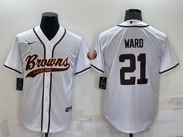 Cleveland Browns #21 Denzel Ward White With Patch Baseball Jersey