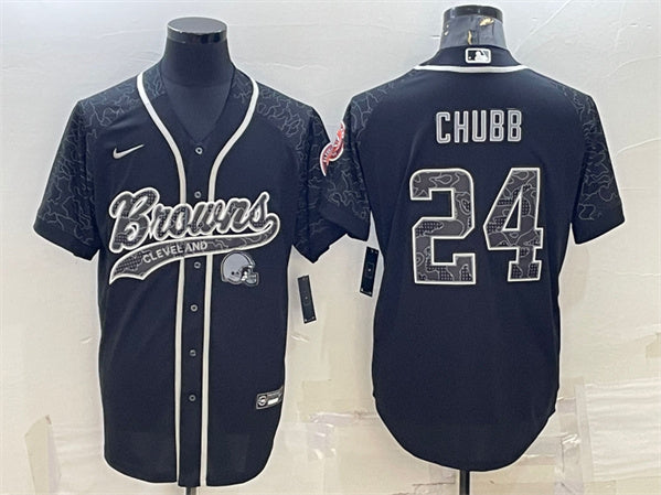 Cleveland Browns #24 Nick Chubb Black Reflective With Patch Baseball Jersey
