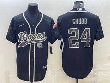 Cleveland Browns #24 Nick Chubb Black Reflective With Patch Baseball Jersey