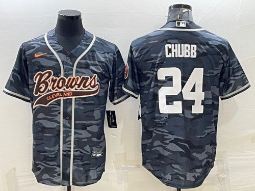Cleveland Browns #24 Nick Chubb Gray Camo With Patch Baseball Jersey