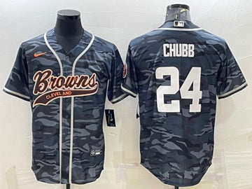Cleveland Browns #24 Nick Chubb Gray Camo With Patch Baseball Jersey