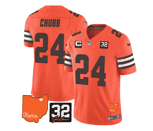 Cleveland Browns #24 Nick Chubb Orange 2023 FUSE With Jim Brown Memorial Patch and 1-Star C Patch Jersey