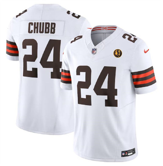 Cleveland Browns #24 Nick Chubb White 2023 FUSE With John Madden Patch Jersey