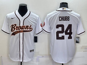 Cleveland Browns #24 Nick Chubb White With Patch Baseball Jersey