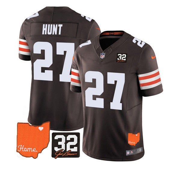 Cleveland Browns #27 Kareem Hunt Brown 2023 FUSE With Jim Brown Memorial Patch Jersey