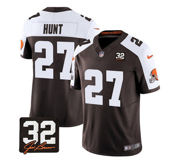 Cleveland Browns #27 Kareem Hunt Brown-White 2023 FUSE With Jim Brown Memorial Patch Jersey