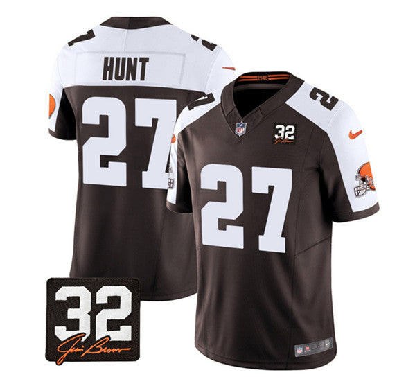 Cleveland Browns #27 Kareem Hunt Brown-White 2023 FUSE With Jim Brown Memorial Patch Jersey