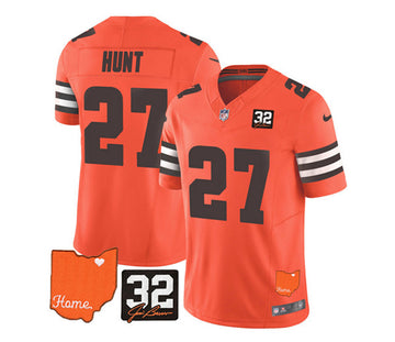 Cleveland Browns #27 Kareem Hunt Orange 2023 FUSE With Jim Brown Memorial Patch Jersey