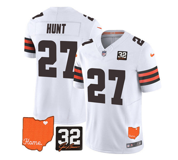 Cleveland Browns #27 Kareem Hunt White 2023 FUSE With Jim Brown Memorial Patch Jersey