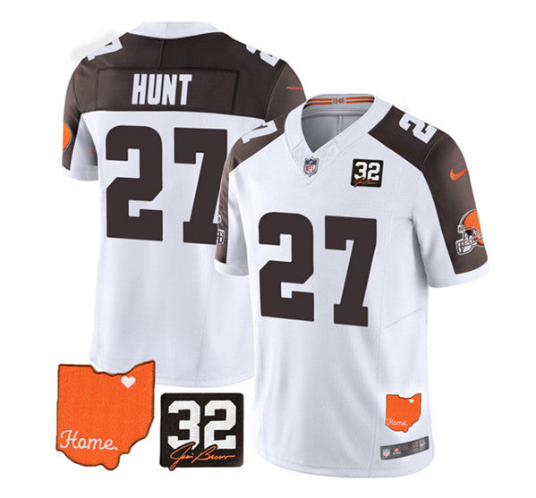 Cleveland Browns #27 Kareem Hunt White-Brown 2023 FUSE With Jim Brown Memorial Patch Jersey