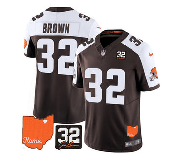Cleveland Browns #32 Jim Brown Brown-White 2023 FUSE With Jim Brown Memorial Patch Jersey