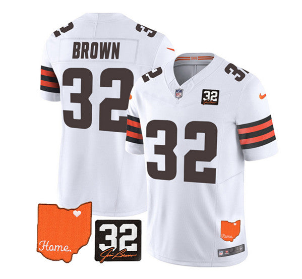 Cleveland Browns #32 Jim Brown White 2023 FUSE With Jim Brown Memorial Patch Jersey